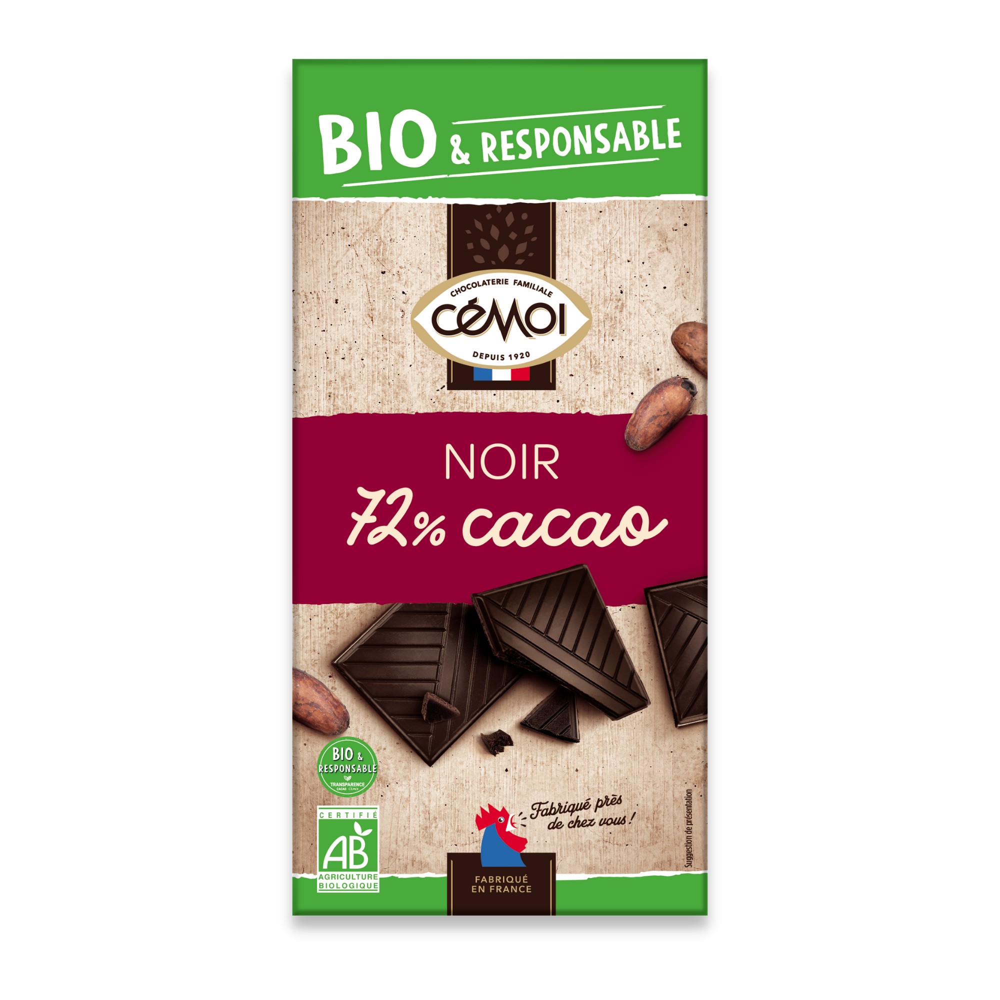 Une tablette dégustation chocolat noir bio Cémoi 72% de cacao