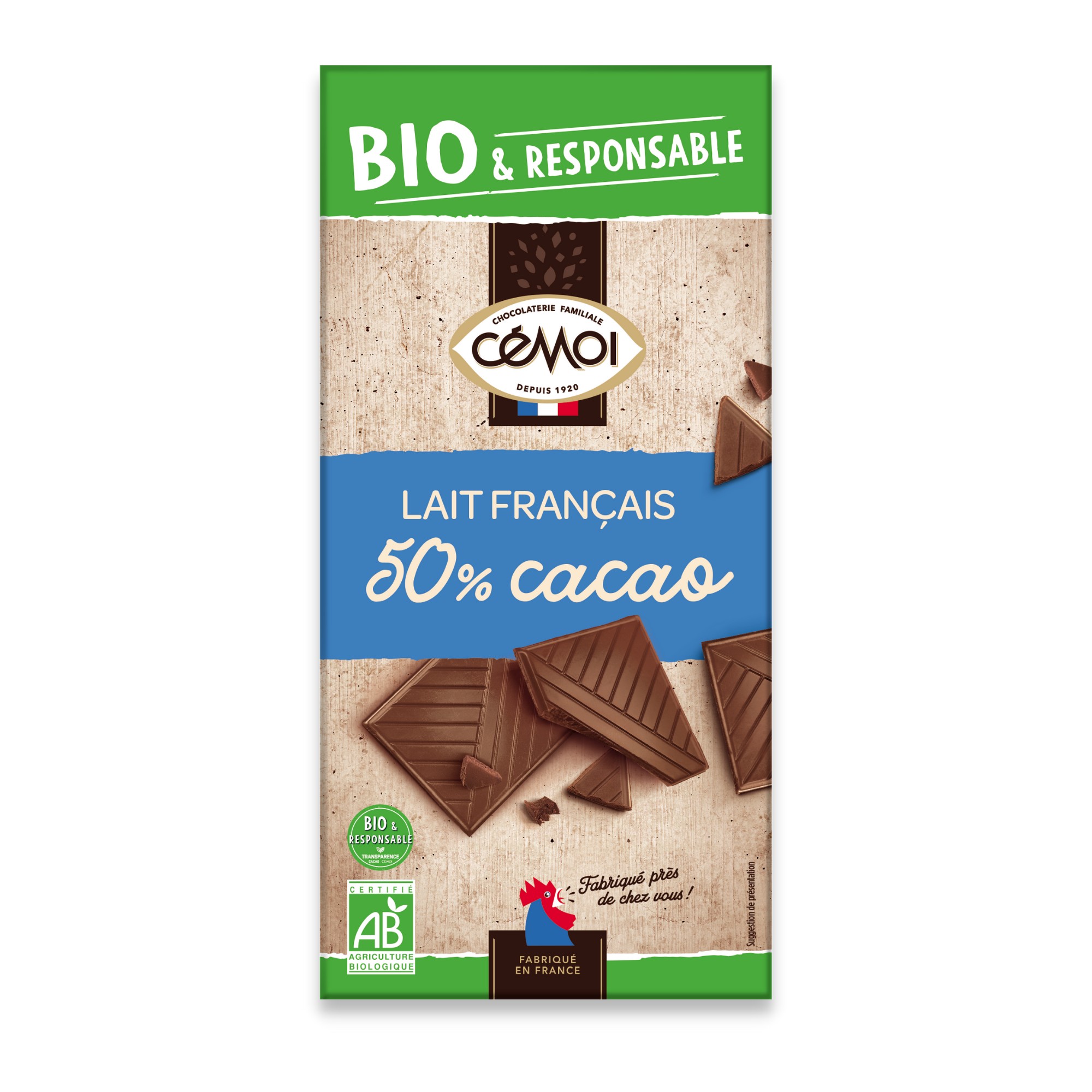 Une tablette dégustation chocolat  au lait bio Cémoi 50% de cacao