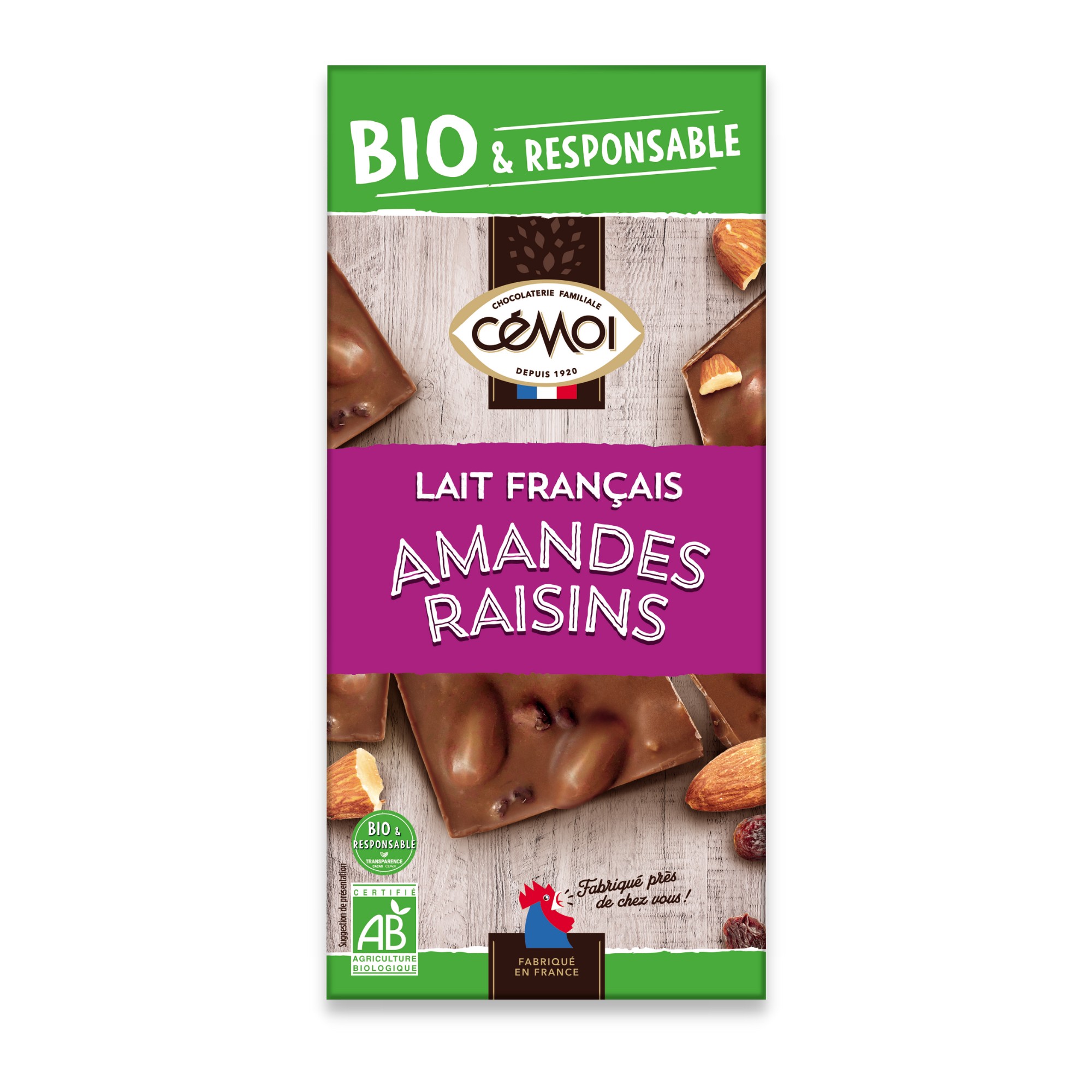 Une tablette gourmande chocolat au lait bio Cémoi aux amandes et raisins