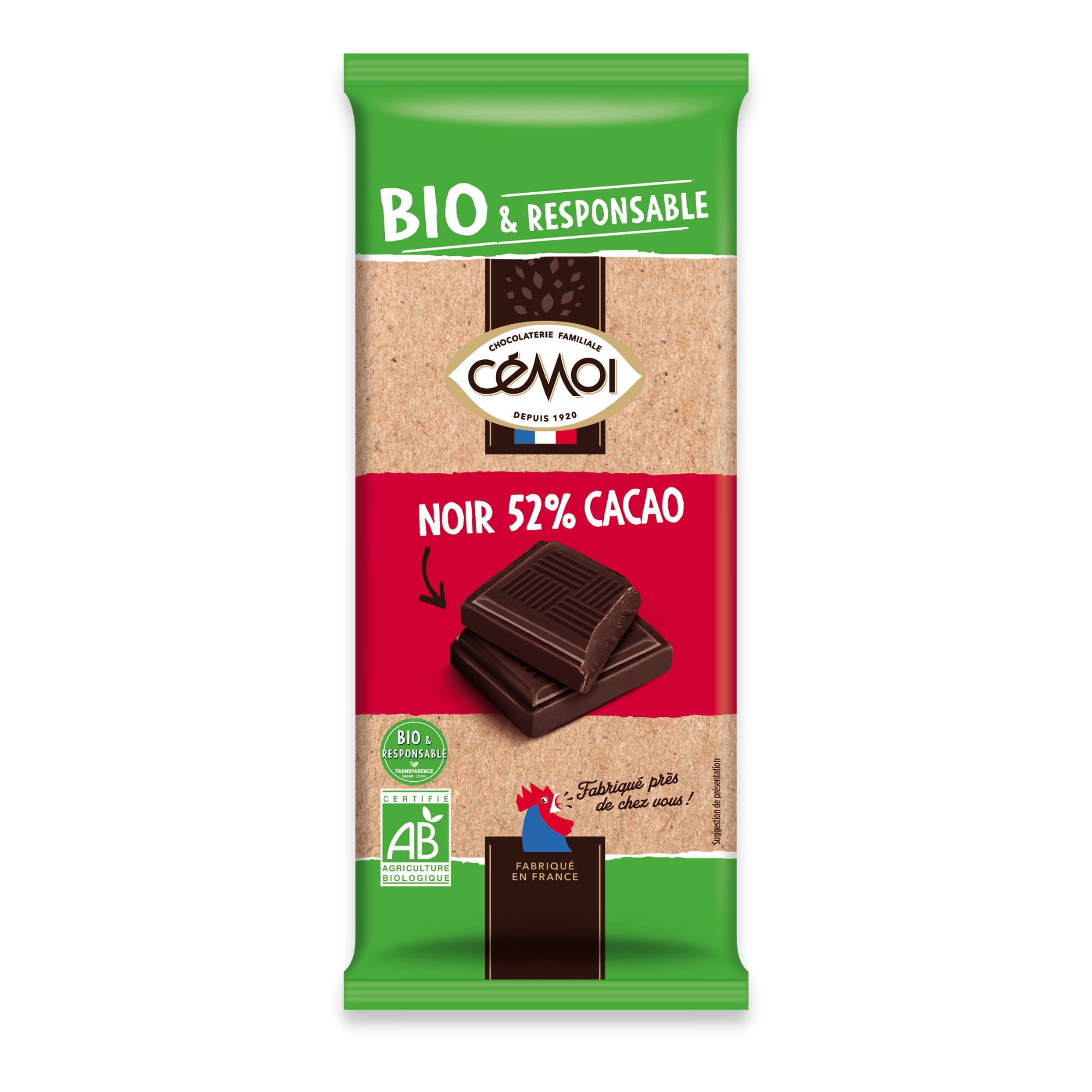 Tablette au chocolat noir bio Cémoi 52% de cacao