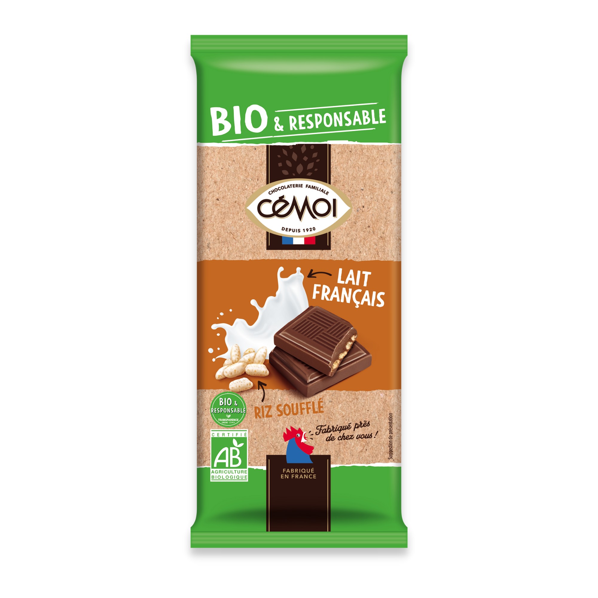 Une tablette au chocolat au lait Bio Cémoi et riz soufflé 