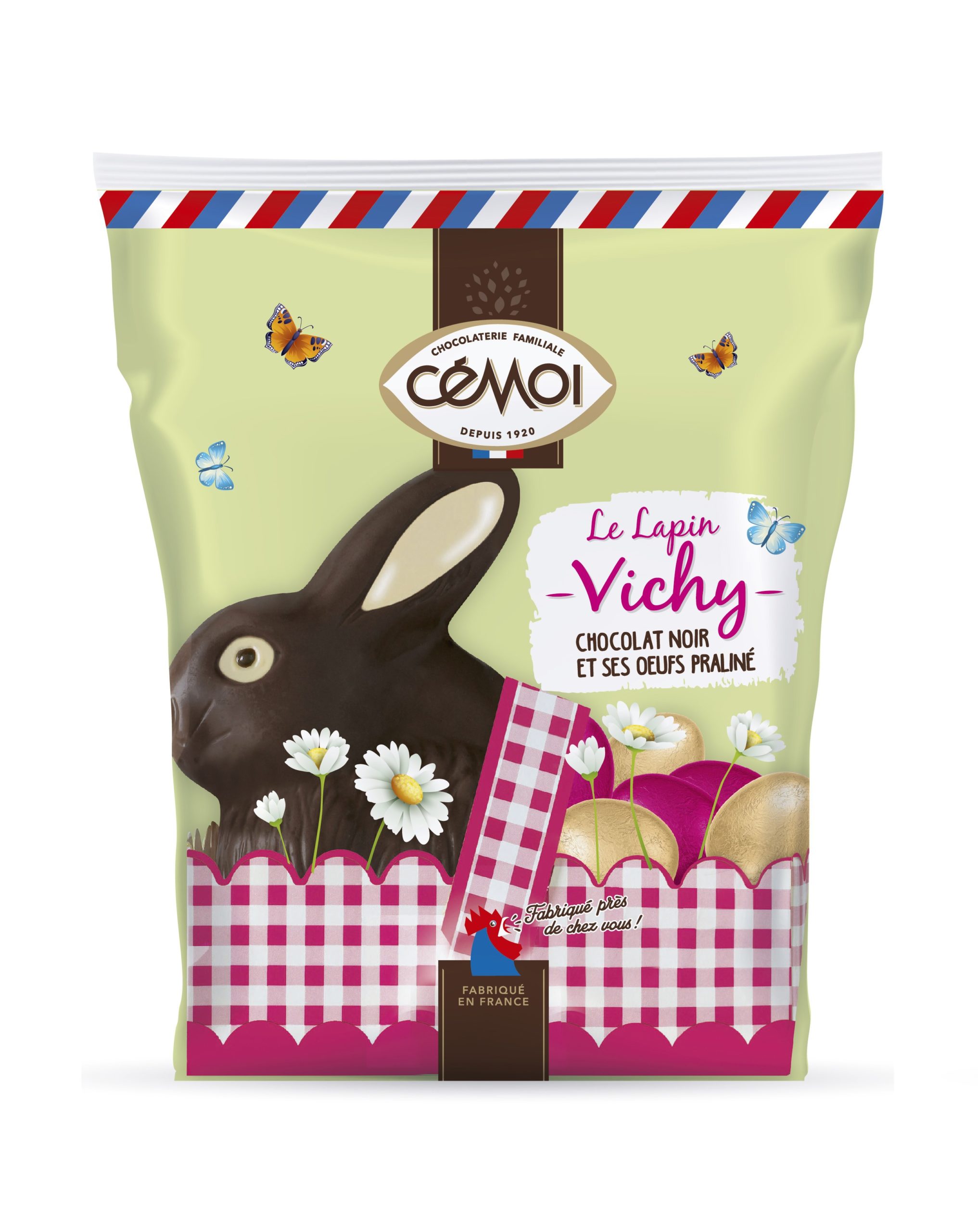 Lapin Vichy au chocolat noir et ses oeufs praliné, 154g