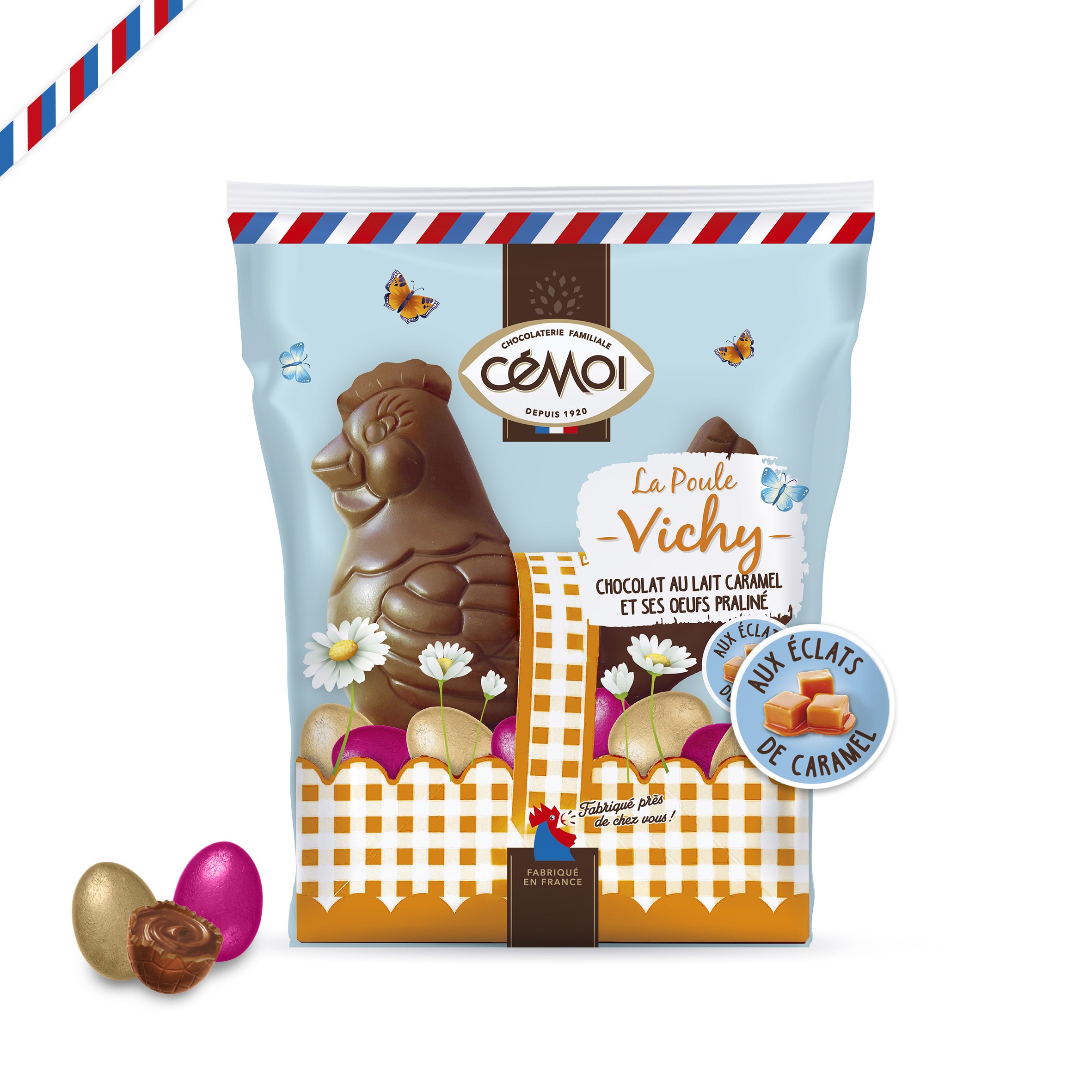 La poule Vichy au chocolat au lait et éclats de caramel, et ses oeufs praliné, 159g