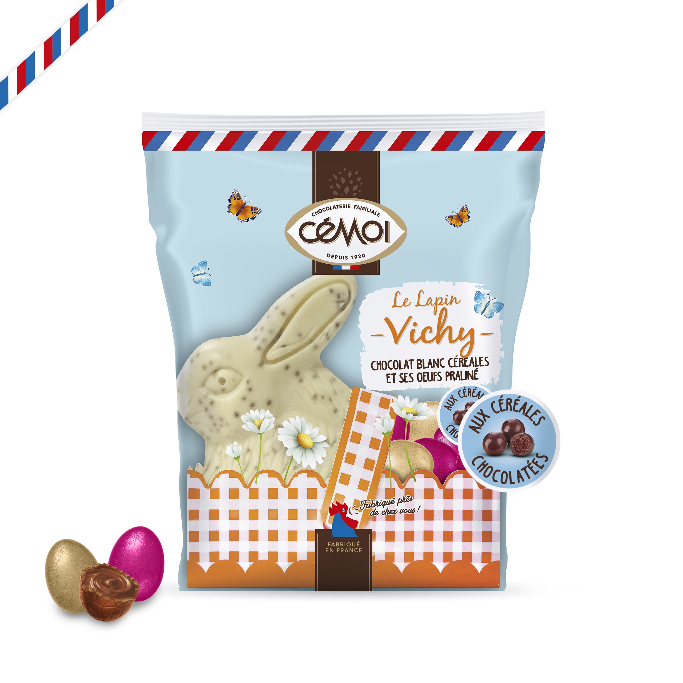 Le lapin Vichy au chocolat blanc et céréales chocolatées, et ses oeufs praliné, 159g
