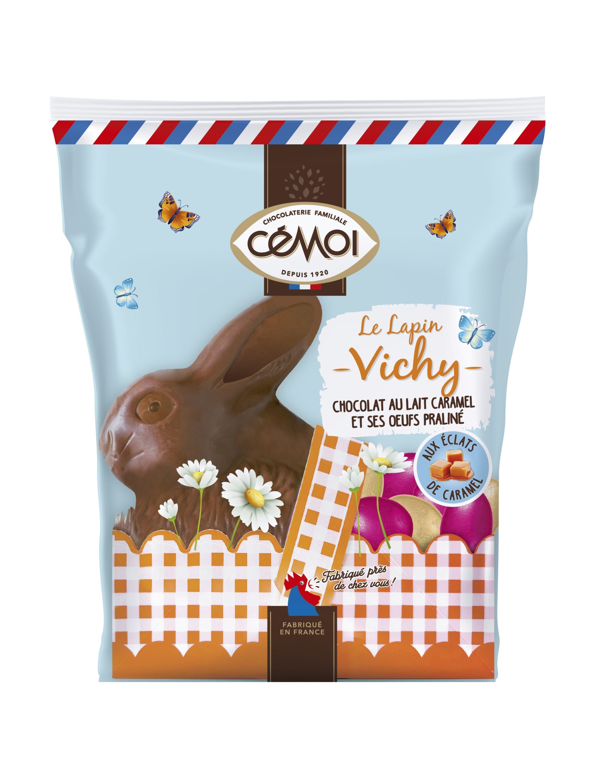Le lapin Vichy au chocolat au lait et éclats de caramel, et ses oeufs praliné, 159g