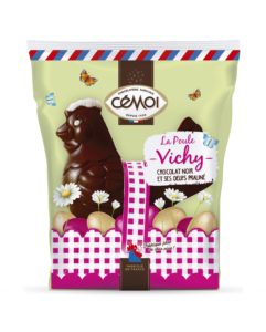 La poule Vichy au chocolat noir et ses oeufs pralinés Cémoi