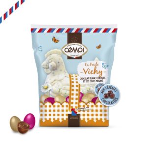 La poule Vichy au chocolat blanc et céréales chocolatées, et ses oeufs pralinés